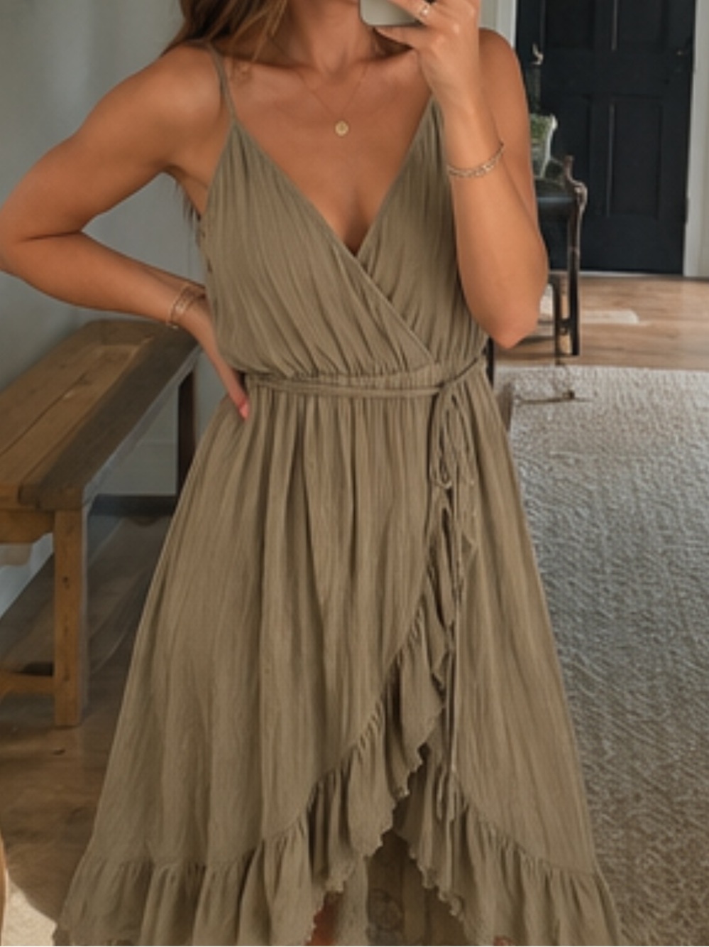 Free People 100% Cotton Muslin, Olive Green V-Neck Midi Dress, Size L